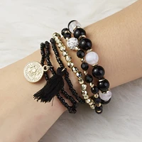 rinhoo 6pcsset vintage gold color coin pendant bracelet for women rice beads multi layer tassel bracelet fashion jewelry gifts