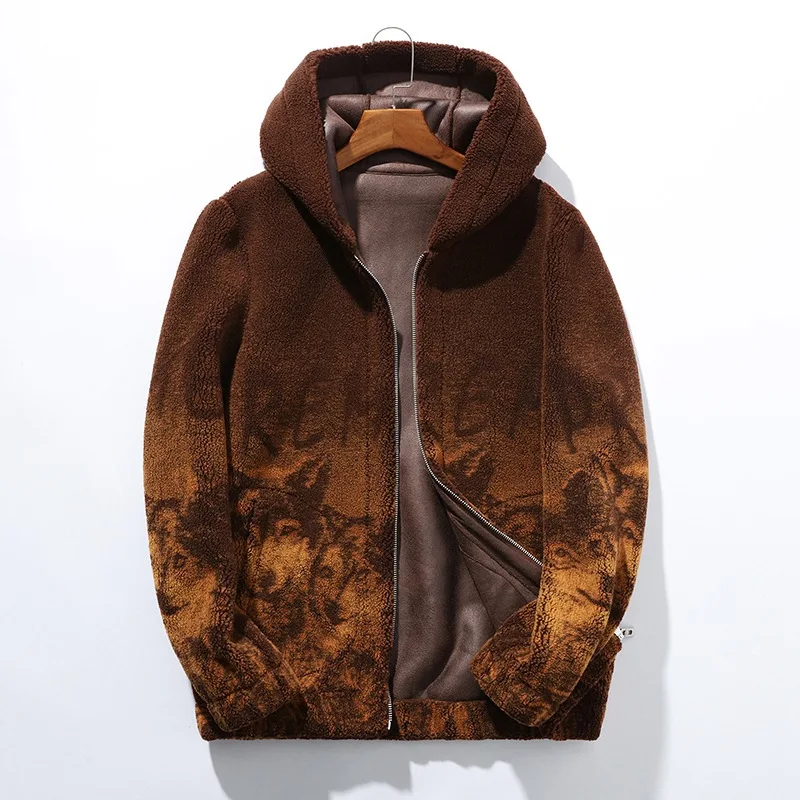 Новая осенне-зимняя мужская замшевая Толстая куртка с капюшоном узором волка