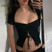 jocoo jolee women summer sexy square collar lace up tank top solid short sleeve blouse elegant vintage party club street