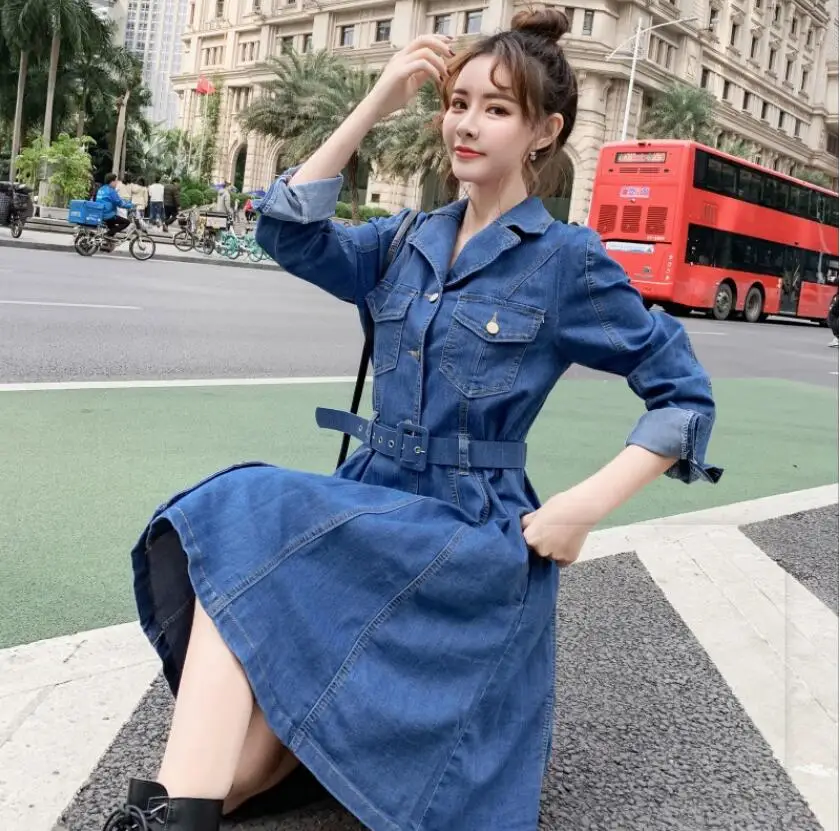 

The New Women's Denim dress South Korean Version Slim Long-sleeved Sundress High Quality Cotton Dress Chaqueta Mezclilla