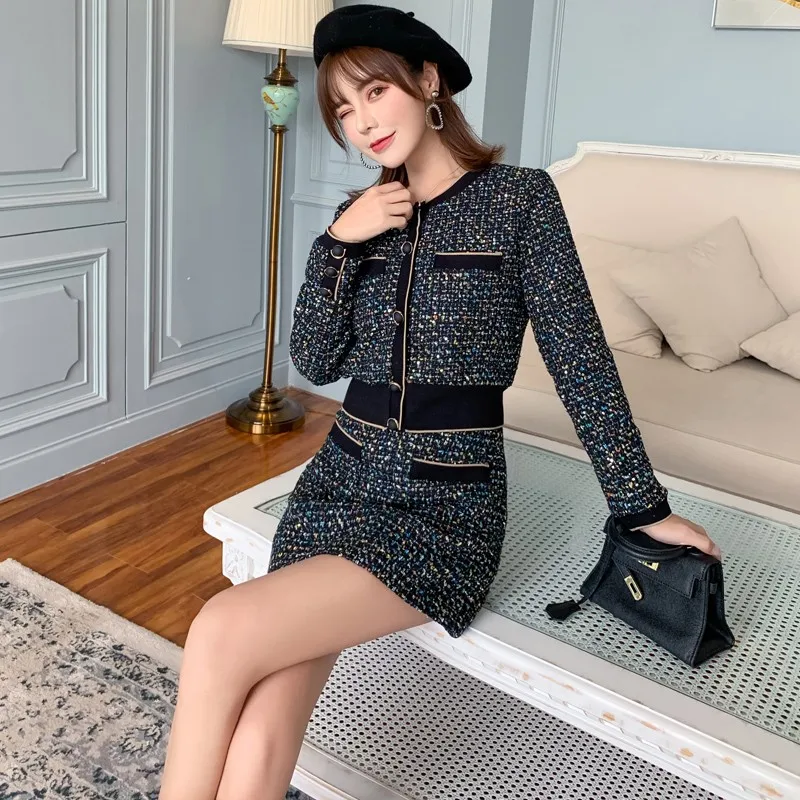 Женский твидовый костюм с блестками элегантный облегающий из двух предметов