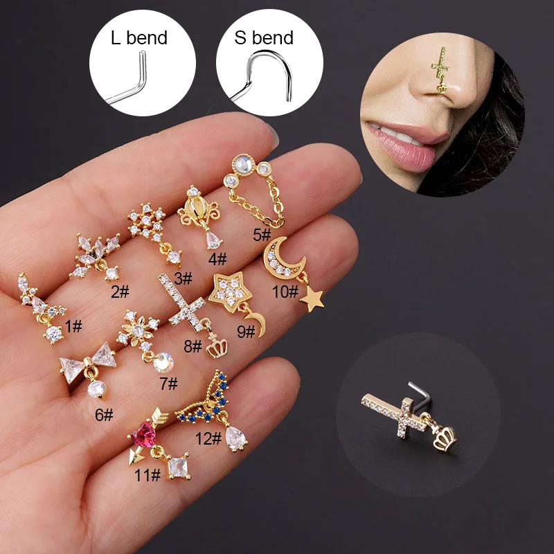 

1PC Indian Loving Heart Dangling Nose Ring Nose Cuff Body Jewelry for Women 20G Stainless Steel Piercing Ear Cuffs Nose Studs