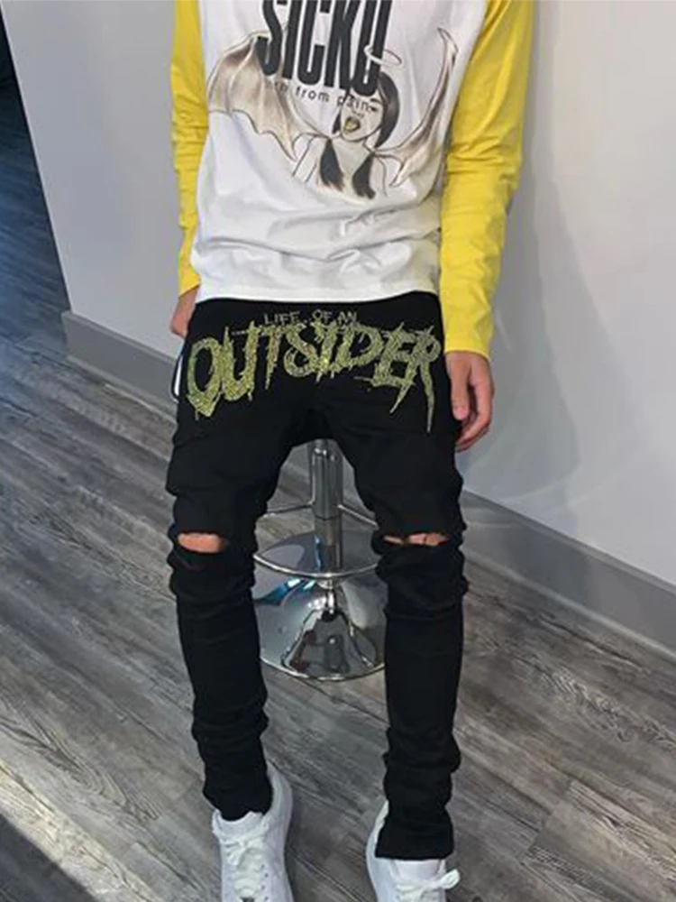 Men's Trend Black Jeans 2021 New Ripped Jogger Fashion Street Skinny Destroyed Cozy Stretch Hot Drill Washed Punk Denim Pants