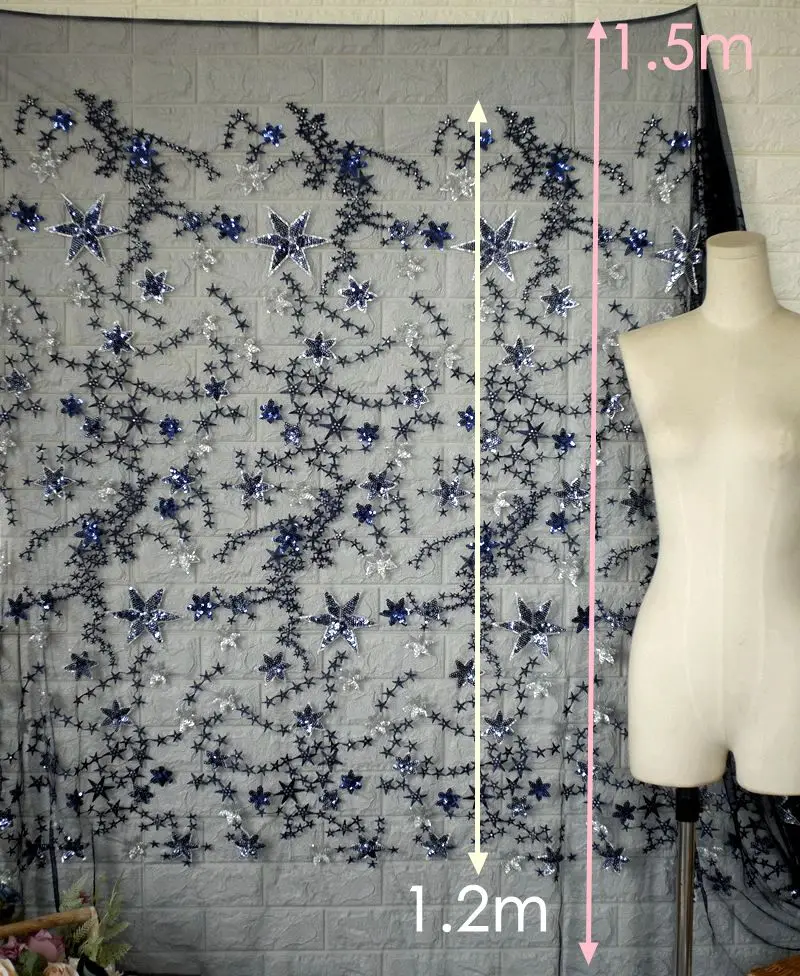 Кружевная ткань с блестками и пятиконечной звездой вышивкой сетчатая из пряжи