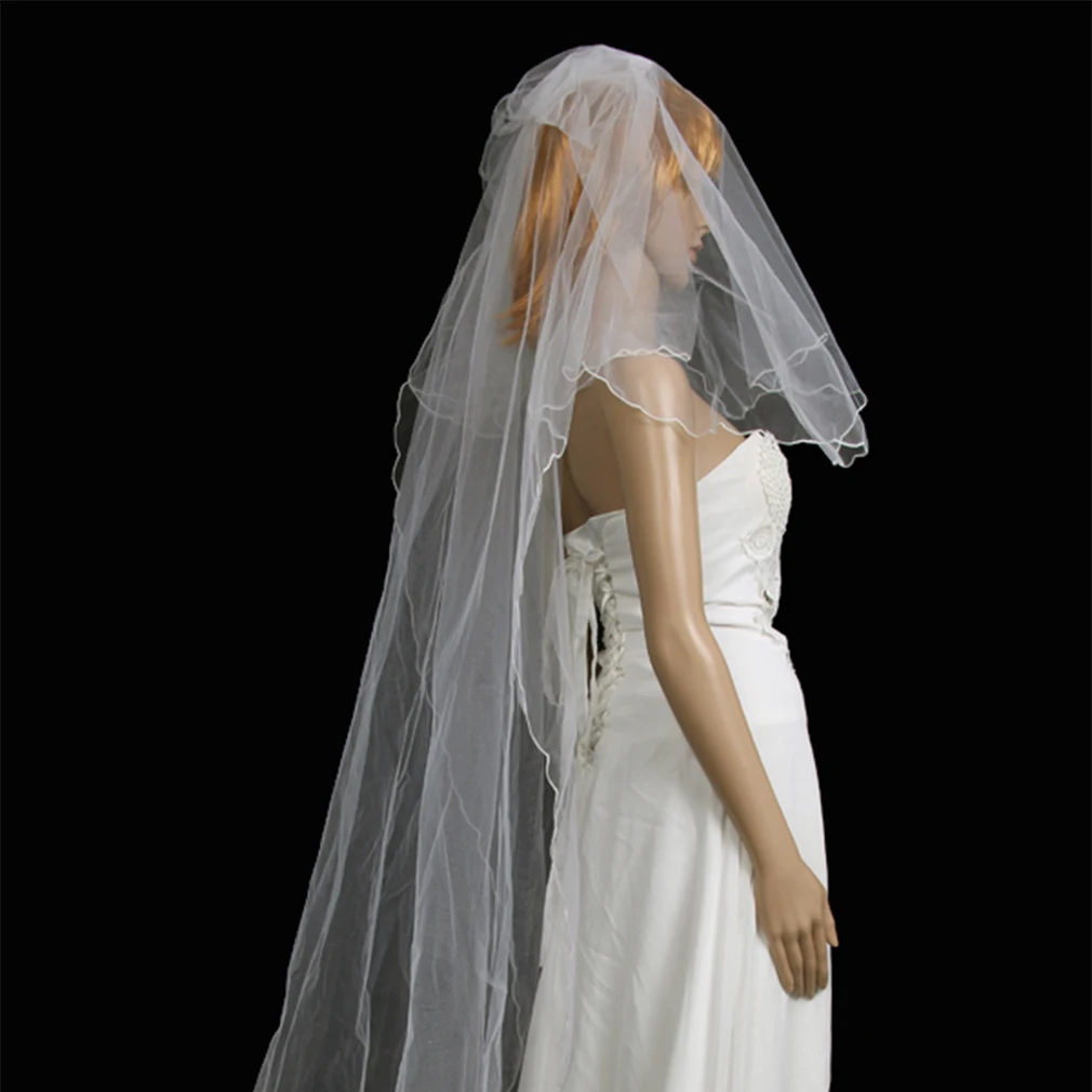 1 Набор 2 слоя кремово-белая свадебная фата атласная кромка + заколка для волос