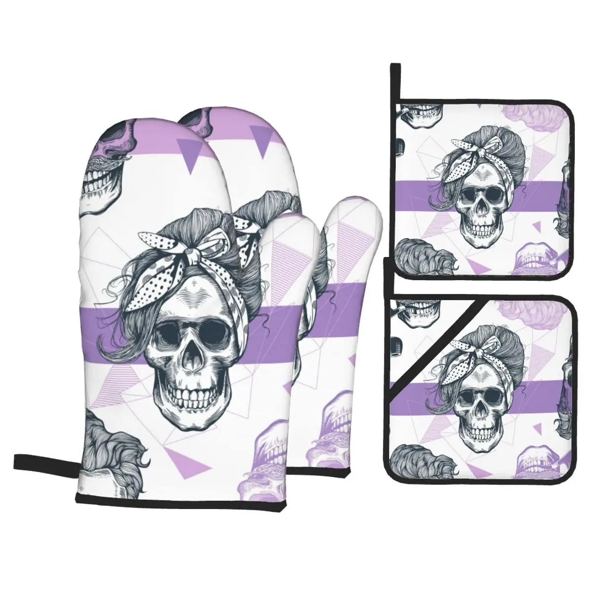 

4 Set of Kitchen Gloves Insulation Pop Art Skeleton Womens Heads Pad Cooking Microwave Gloves Baking BBQ Oven Potholders Mitts