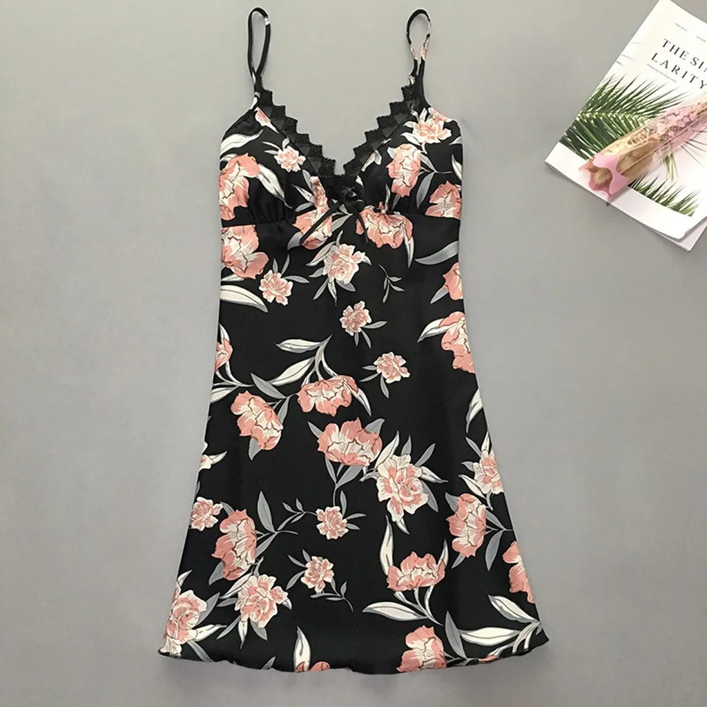 sleepwear women Satin Flower Printint Silk Lingerie Bow Lace Pajamas Sleeveless Sleepwear Nightdress E30 | Женская одежда