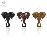 somesoor laser cutting elephant wooden drop earrings african ethnic animal design engraved wood loops jewelry for women gifts