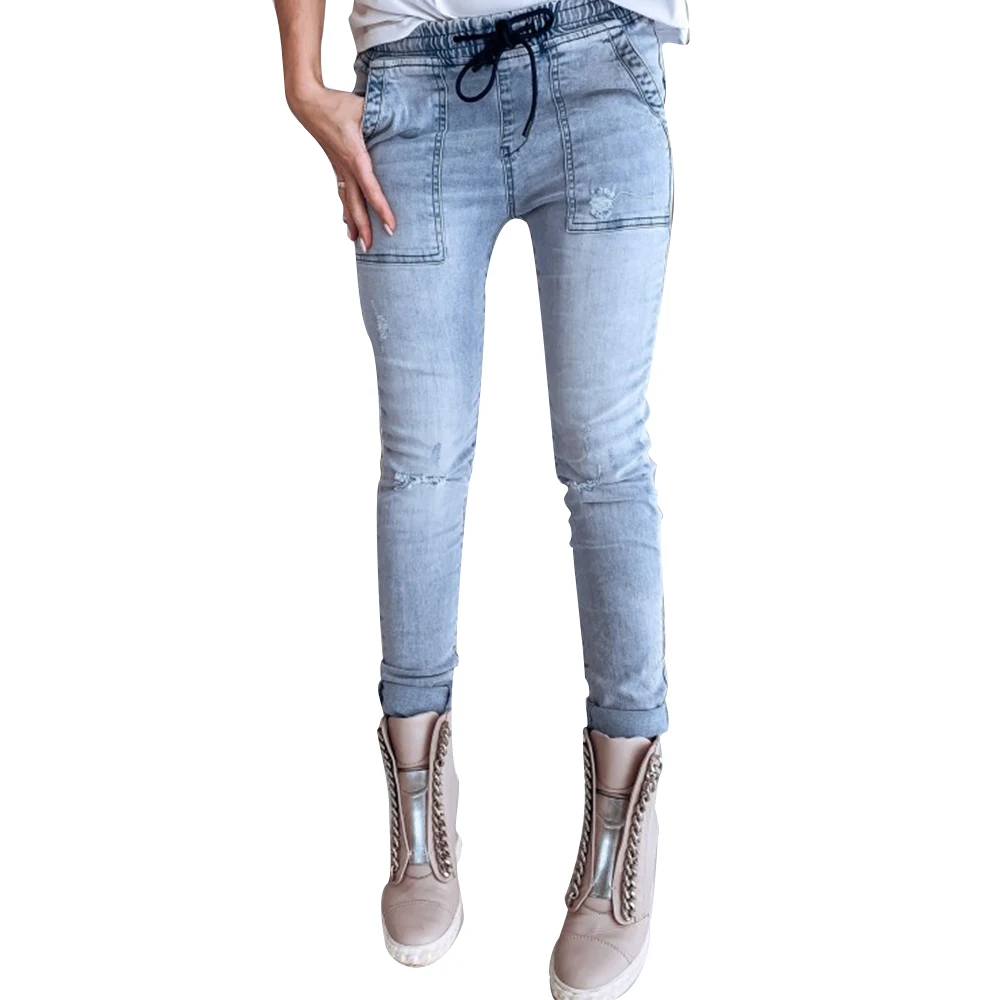 Женские узкие джинсы с низкой талией Синие рваные потертостями повседневные