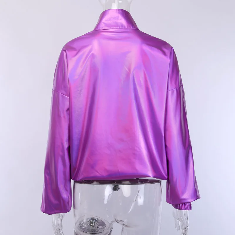 

Women Bling Laser Purple Oversized Holographic Jacket Casual Streetwear Neon Outfit Long Sleeve Elastic Drawstring Hip Hop Coat