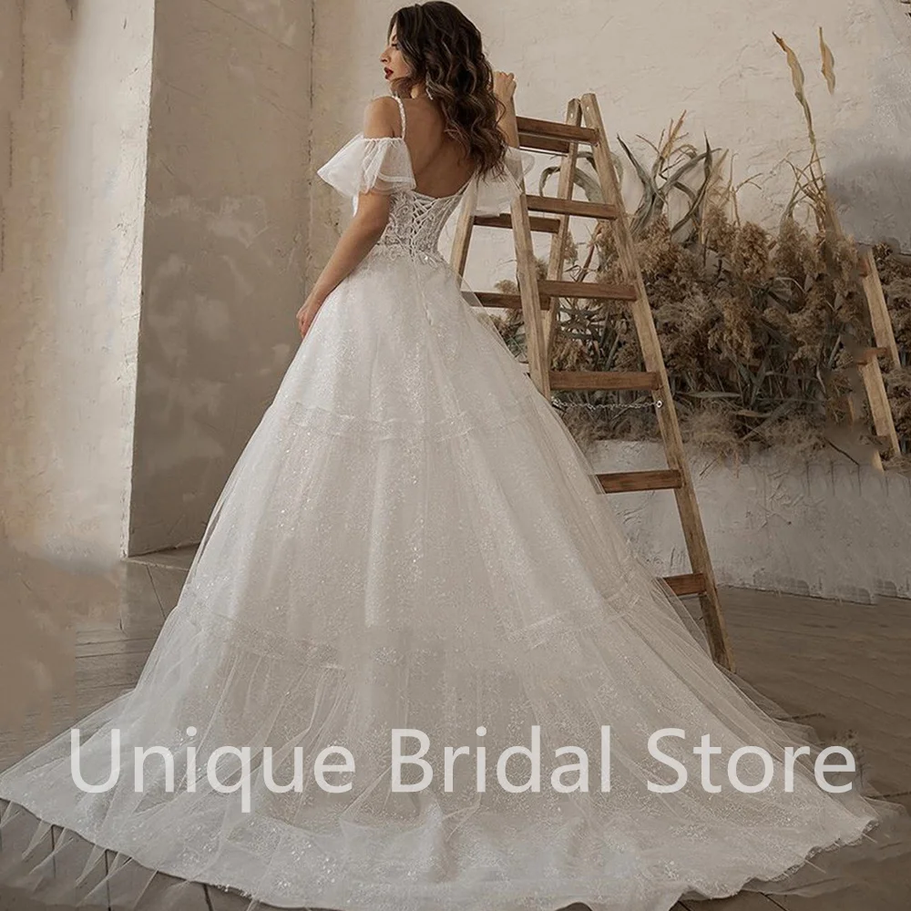 

A-Line Spaghetti Straps Wedding Dress Sweetheart Short Sleeve Lace Up Court Train Bridal Gowns 2021 Vestidos De Noivas