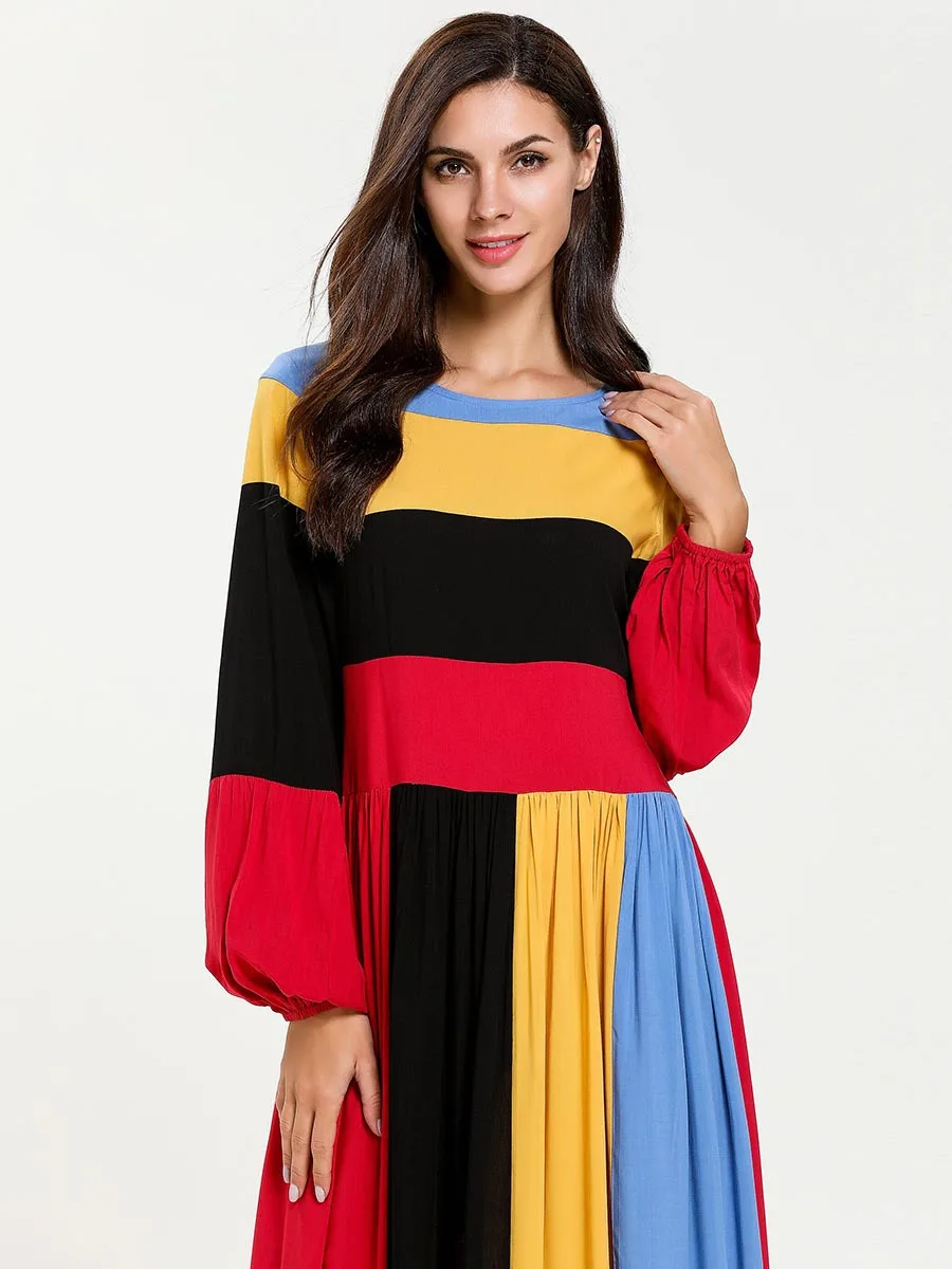 

Abaya Dubai Dresses women's fashion new style knitted long-sleeved color striped stitching stretch dress Abayas For Women