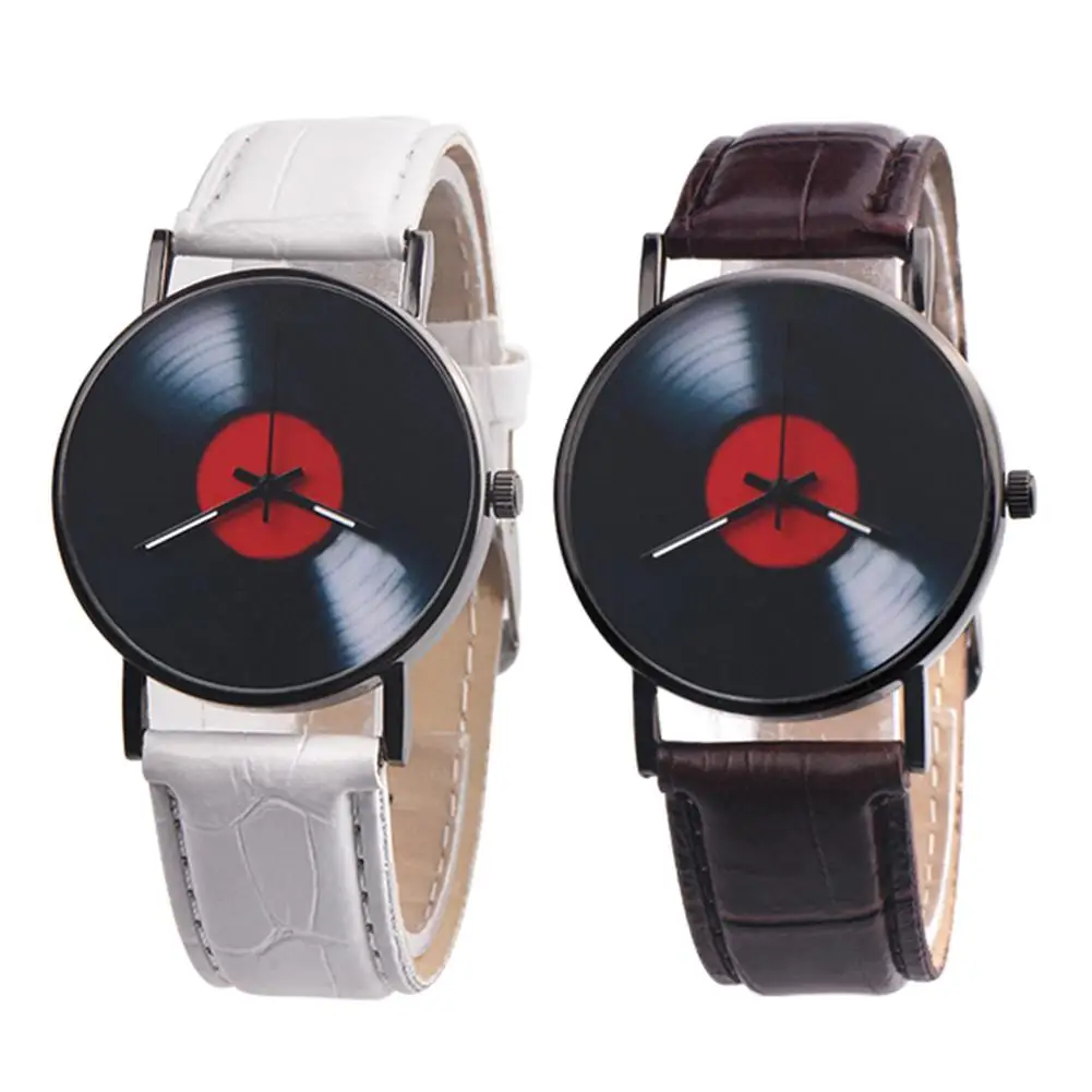 

Women Men's Couple Watches Retro Vinyl Record Dial Faux Leather Men Women Analog Quartz Wrist Watch Gift Creative Records CD