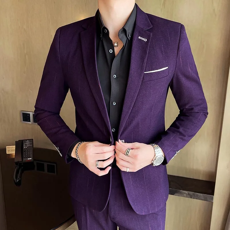 

2021 Men's Striped Fashion Suit Casual Slim Fit Business Suit Groom Wedding Suit Two Pieces
