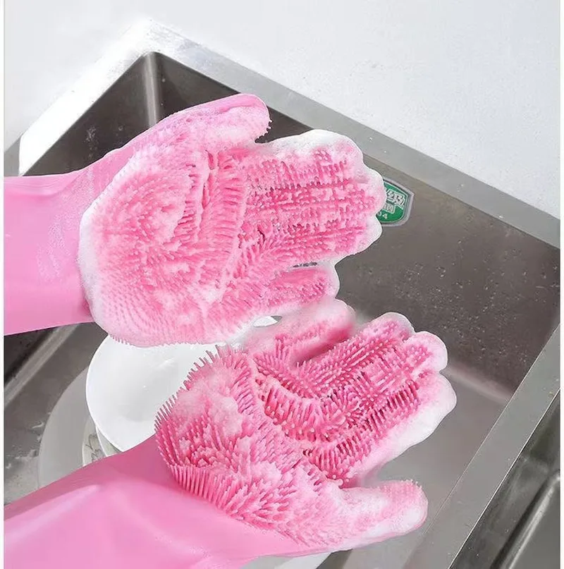 

2021 New Magic Silicone Dishwashing Scrubber Dish Washing Sponge Rubber Scrub Gloves Kitchen Cleaning 1 Pair