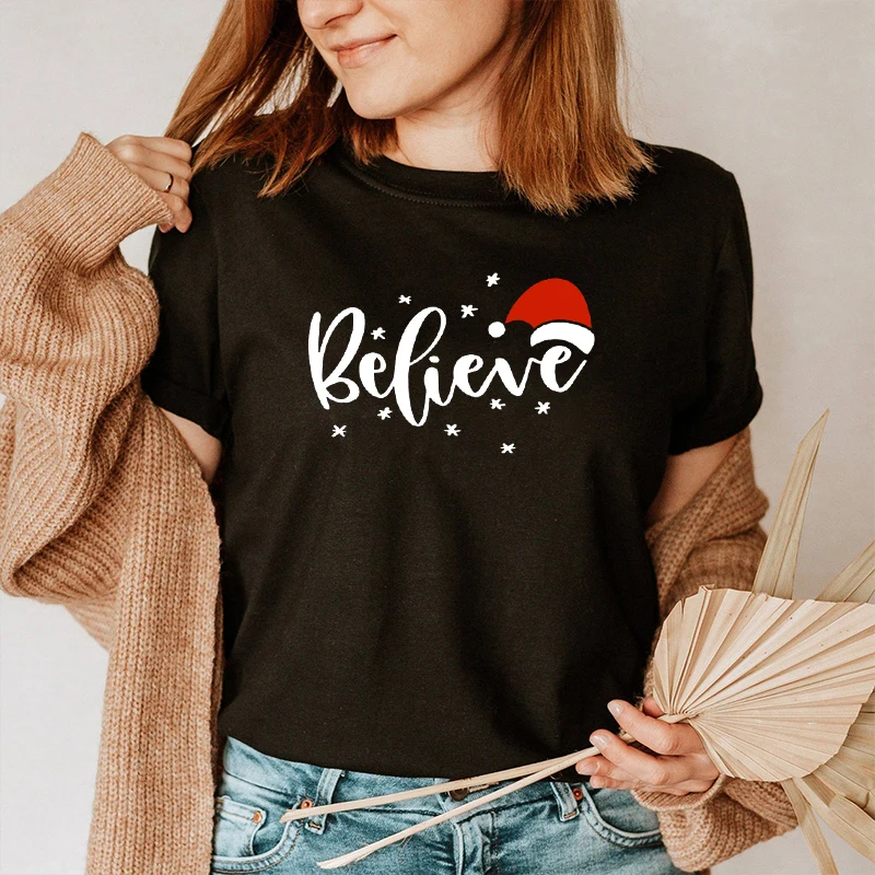 

Женская рождественская футболка вера в виде Санты, черная футболка для рождественских праздников, 2022