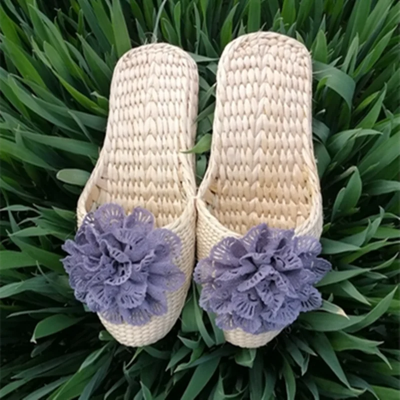 

Женские плетеные конопляные тапочки туфли ручной работы с цветочным бантом; Новинка; Летние шлепанцы; Размера плюс обувь в китайском стиле; ...