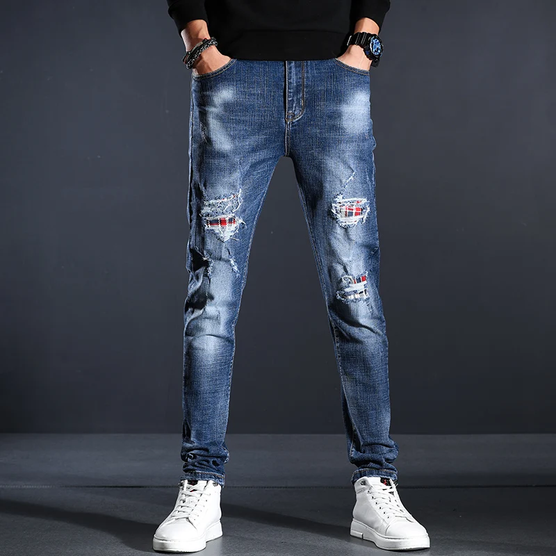 

11 Styles Men'S Blue Black Slim-Fit Jeans Fashion Brand Stretch Straight Ripped Denim Trousers Male Business Casual Patch Pants