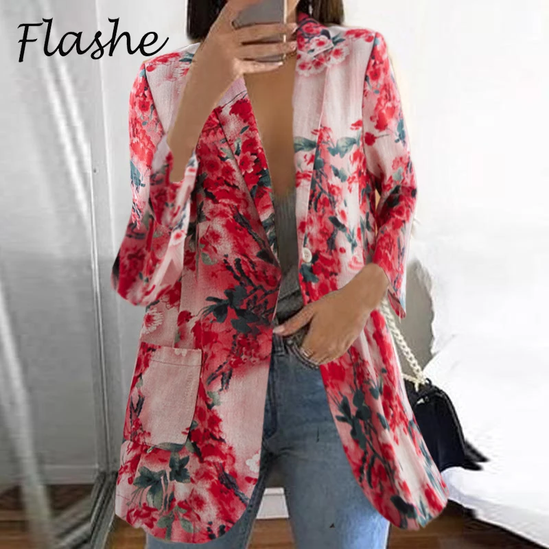 

Women Coat Floral Printed Jacket Plus Size Spring Long Sleeve Jacket Women Casual Outerwear Windbreaker Pocket Button Tops