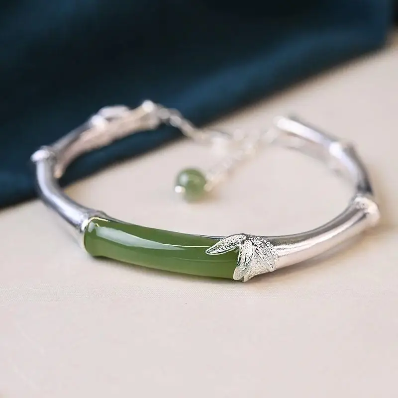 

Bamboo Bracelet S925 Sterling Silver Bracelet Open to Give Mom Retro Chinese Style Hetian Jade Bracelet Female Jade Bracelet