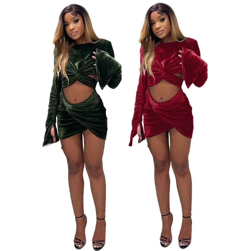 

KEXU Cut Out Open Front Draped Ruched Irregular Velvet Dress Flare Sleeve Bodycon Party Dress Women Clothing Vestido De Mujer