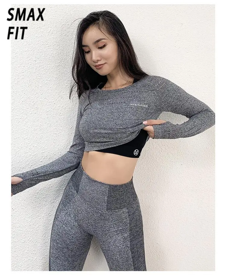 

Long Sleeve Women Sports Shirt Tight Crop Top Round Neck Quick-Drying High Stretch Yoga Fitness Running Yoga Clothes Sportswear