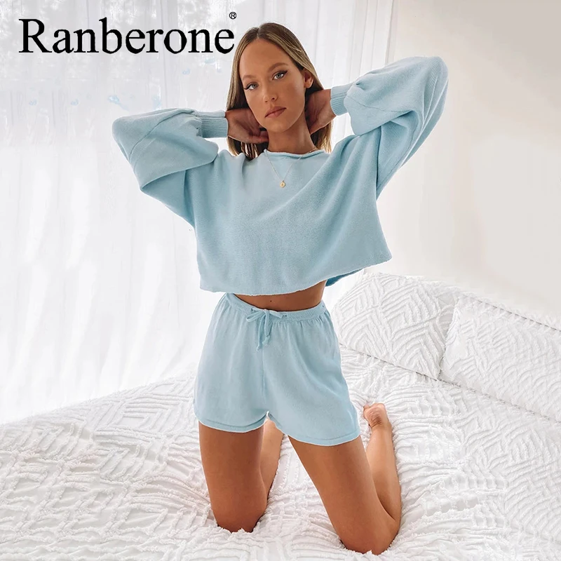 Ranberone Fashion Summer Women Set Long Sleeve Crop Top + Solid Shorts Sport Suit Female Breathable Fitness Tracksuit Wives 2021