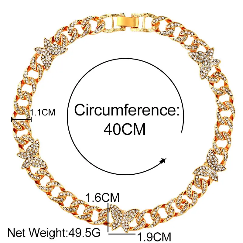 

Hip Hop Kristall Schmetterling MM Miami Kubanischen Kette Halsketten fr Frauen Glnzenden Strass Colliers Goldene Link Kragen Roc