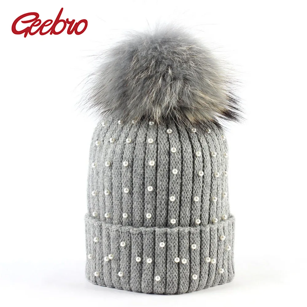 

Geebro Female Comfortable Beanies Winter Cashmere Knitted Pearl Fashion Hats With Raccoon Fur Pompom Women Skullies Caps Bonnet
