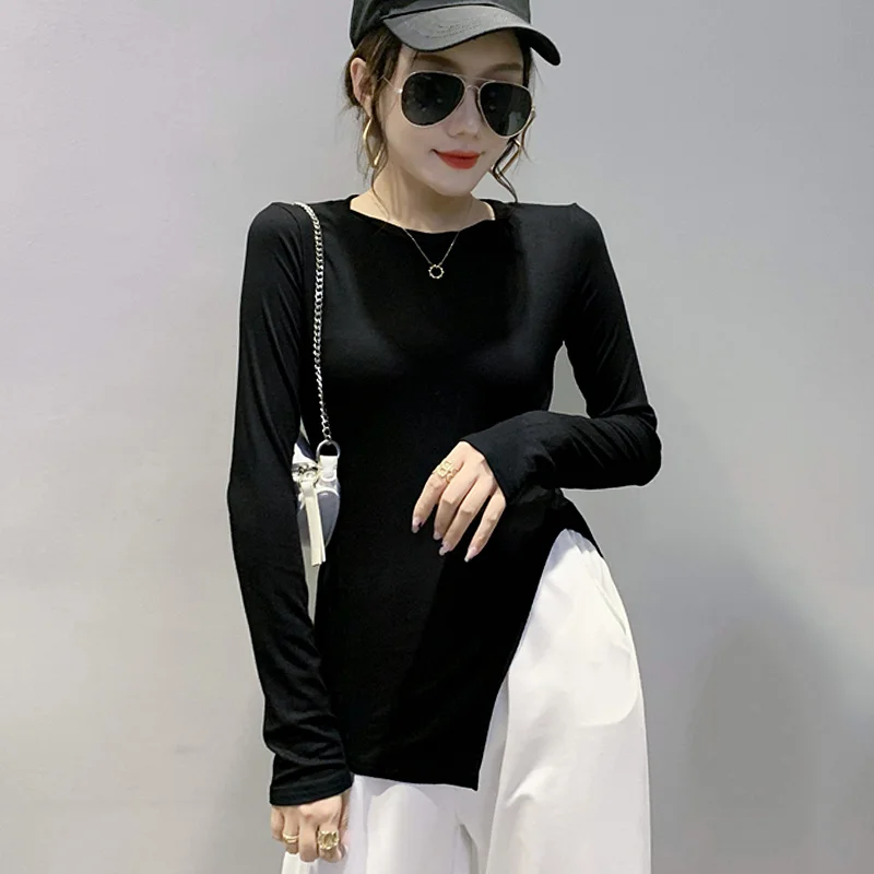 

#8514 Осенняя облегающая уличная одежда, Асимметричный топ, женская футболка с длинным рукавом, хлопковая Повседневная футболка с разрезом сб...