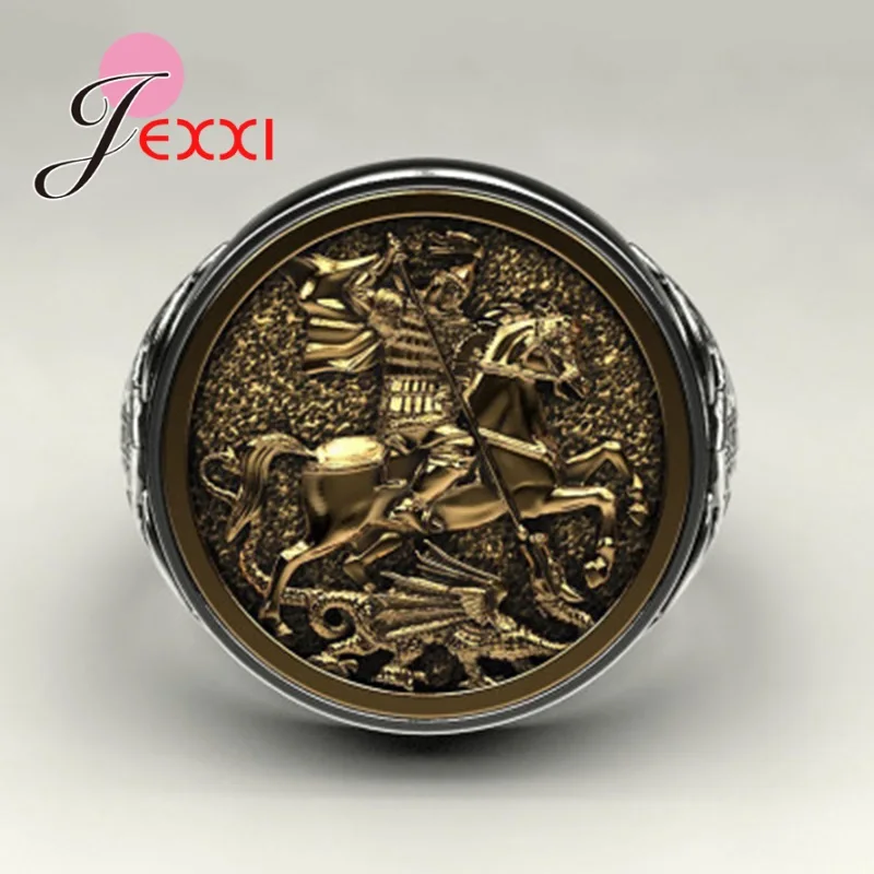 

New Design Genuine 100% 925 Sterling Silver Knight Pattern Imprint Round Finger Ring For Women Engagement Jewelry Accessory