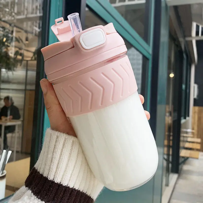 

Water cup female with straw high face value double drink plastic coffee cup ins Korean version fresh and lovely heat resistant