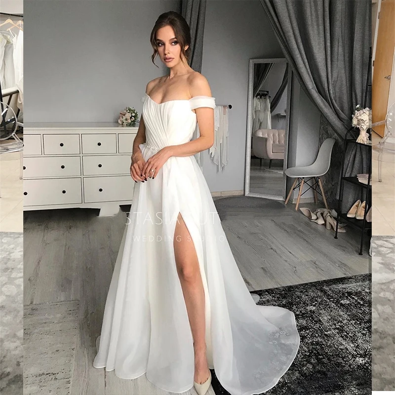 

2021 Wedding Dress Off Shoulder A-Line Split Court Train Organza White Bridal Gown Robe De Maire Beach Cheap Princess Simple