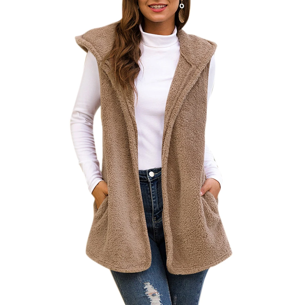 Осенне зимнее пальто жилет кардиган для женщин флисовое с капюшоном без рукавов