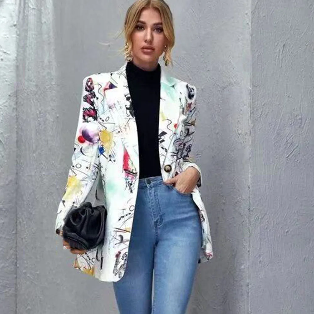 

Women Coat Fashion New Trend Lapel Print Long Sleeves Suit Jacket Elegant Fall Winter Office Lady Cardigan Coat Femme Streetwear