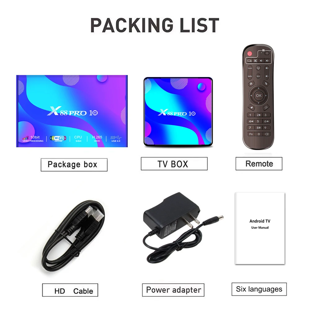 

X88 Pro 10 Android 10.0 TV Box 4K HD 5G WIFI bluetooth 4.0 RK3318 Quad-Core 2/4GB RAM 16-128GB ROM H.265 VP9 for Neflix Youtube