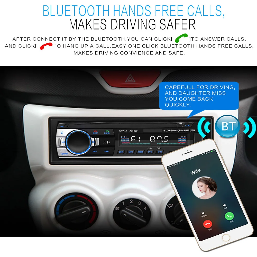 Автомагнитола 1 Din с Bluetooth автомобильное стерео радио FM Aux вход приемник SD USB JSD-520 12