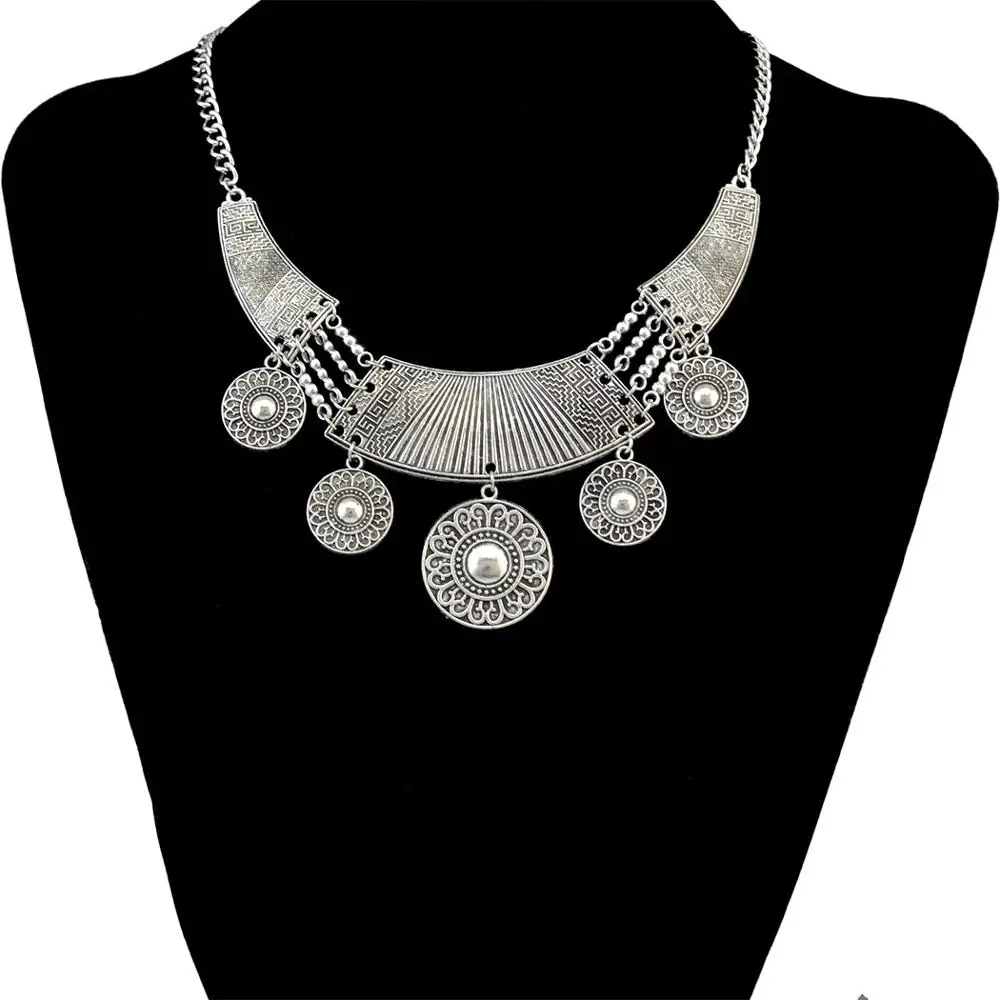Silver Винтажная Серебряная Золотая инкрустация Колье Хрустальные Бусы геометрическая форма резные ожерелья с подвесками-Кисточками серьги для Бохо цыганского турецкого - Окраска металла: Silver