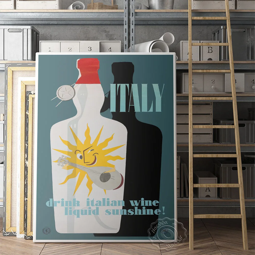 Постер рекламы вин Италии "Жидкое солнце" на холсте в стиле винтаж.