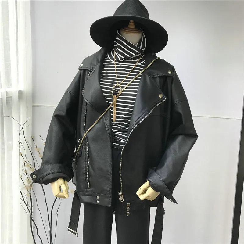 Модная черная кожаная куртка большого размера Harajuku короткое пальто на молнии с