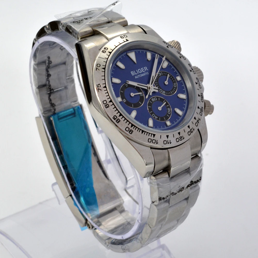 Bliger 39 мм новые мужские роскошные часы с синим циферблатом и стальным ободком