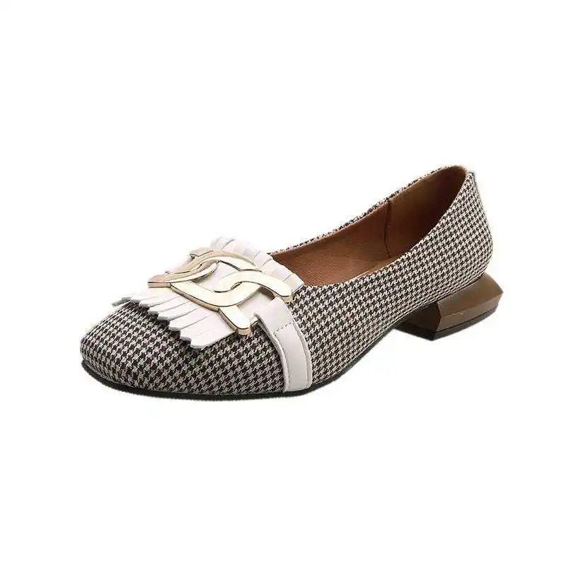 

French Doudou women's shoes 2021 spring single shoes square head low heel Plaid single shoes British fenglefu shoes