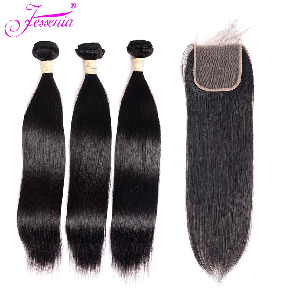 Jessenia бразильские прямые волосы 3 пучка с закрытием человеческие пучки шнурка не