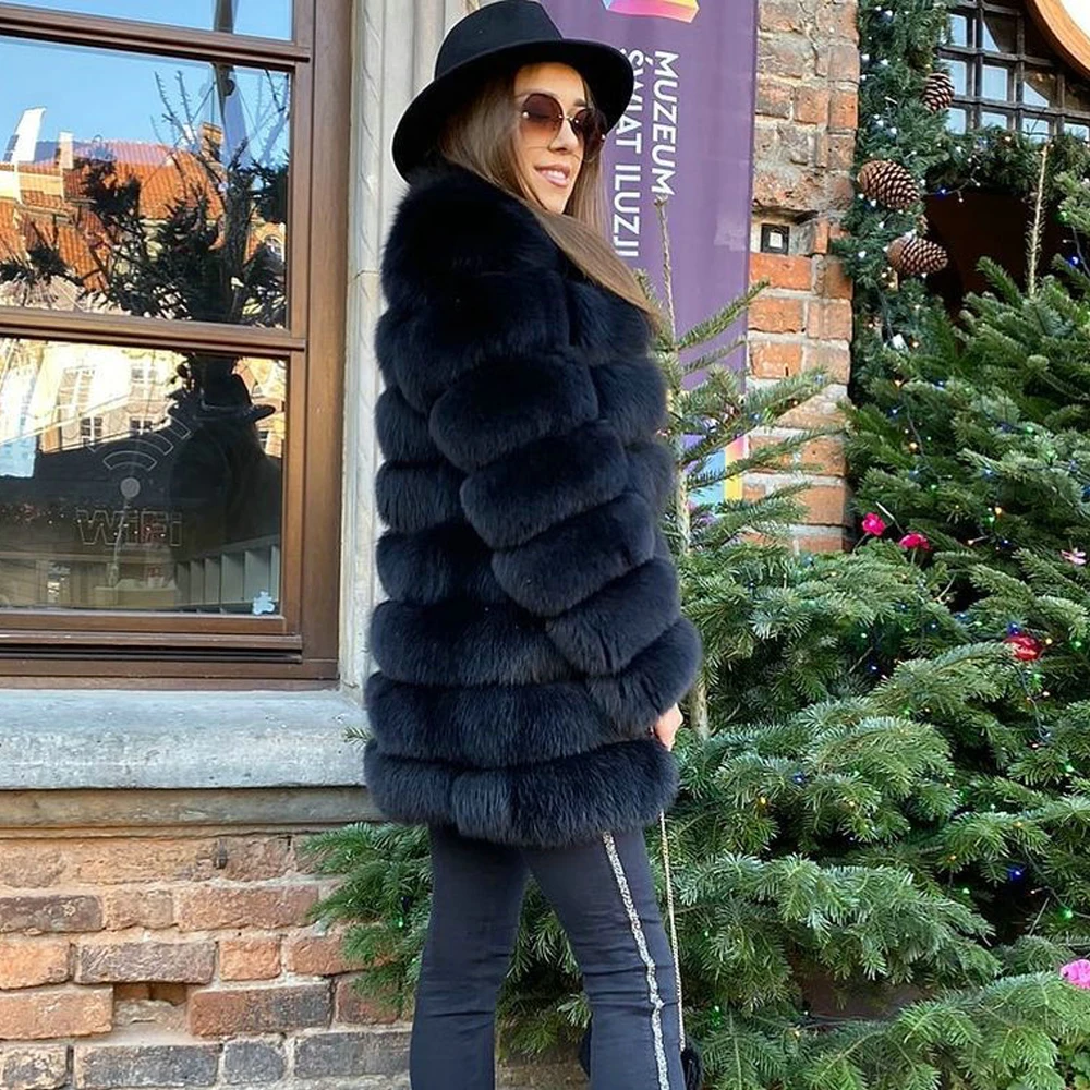 Fashion Black Real Fox Fur Coat Round Collar Medium Length Whole Skin Genuine Fox Fur Jacket Female Trendy Fur Overcoat Luxury