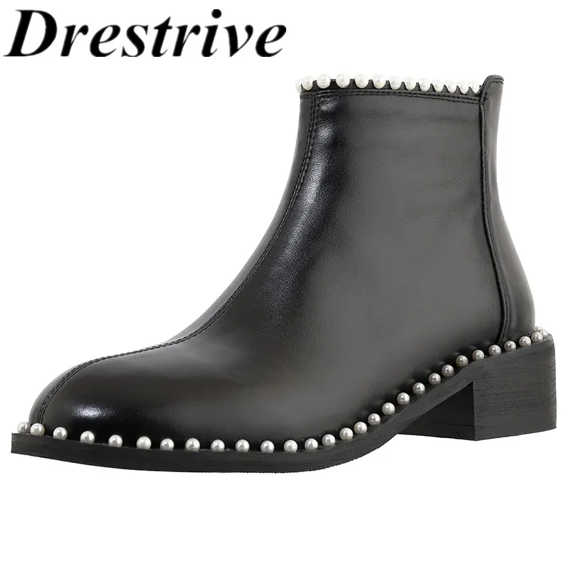 

Drestrive Cow Leather Women's Ankle Boots Beaded Zipper Thick Heels 4 cm 2020 Winter Shoes Black Big Size 43 Round Toe