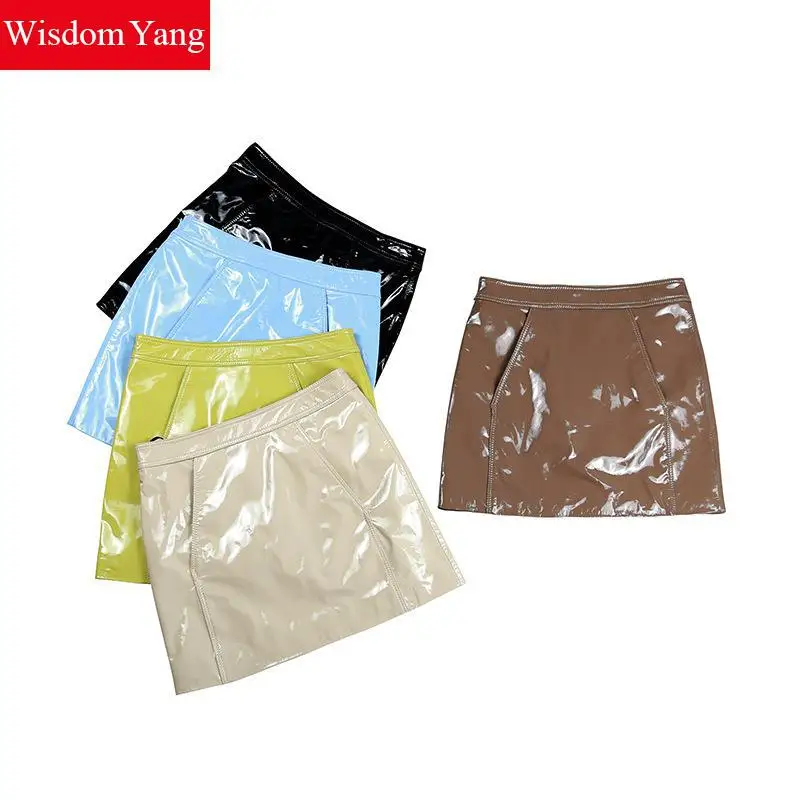 

Black Blue Yellow Real Sheep Skin Genuine Patent Leather Skirt High Waisted Mini Skirts Women 2018 Party Sexy Ladies Sundress