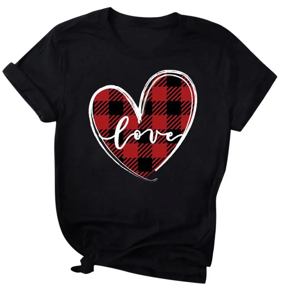 

2020 New Arrival Summer Shirt Womens Valentine Love Heart Plaid Print Shirt Short Sleeve Tops Blouse Shirt Tee Tops