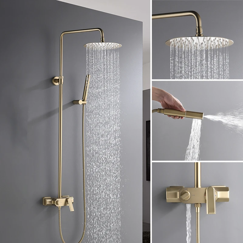 

Роскошная латунная Золотая щетка смеситель для душа большая плоская полка для душа матовый золотой кран для душа для горячего и холодного д...