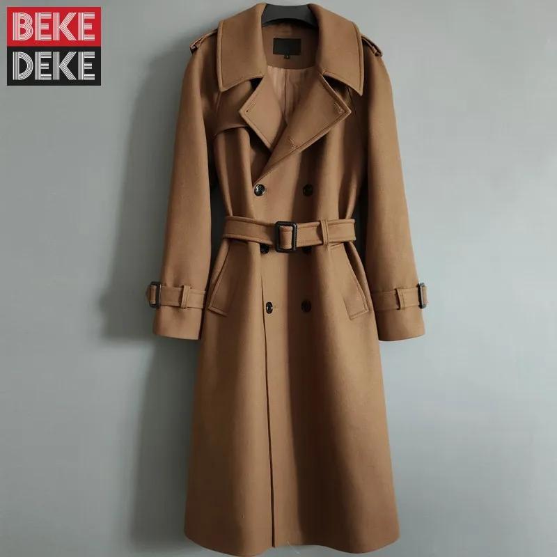 

England Style Men Autumn Winter Double Breasted Long Woolen Coat Belted Military Windbreaker Belted Trench Coats Wool Blends 6XL