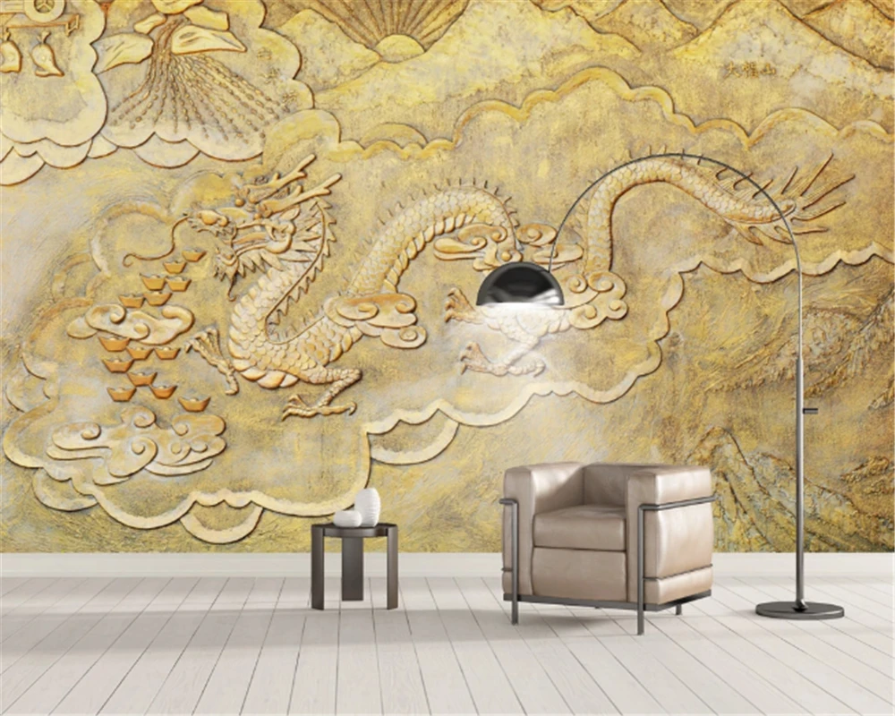 

beibehang behang Customized Wallpaper Living Room 3D Golden Landscape Pan Dragon Stereo Background Home Decoration Wallpaper